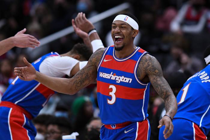 Washington Wizards guard Bradley Beal (3) smiles while entering the court before the game against the Boston Celtics at Capital One Arena